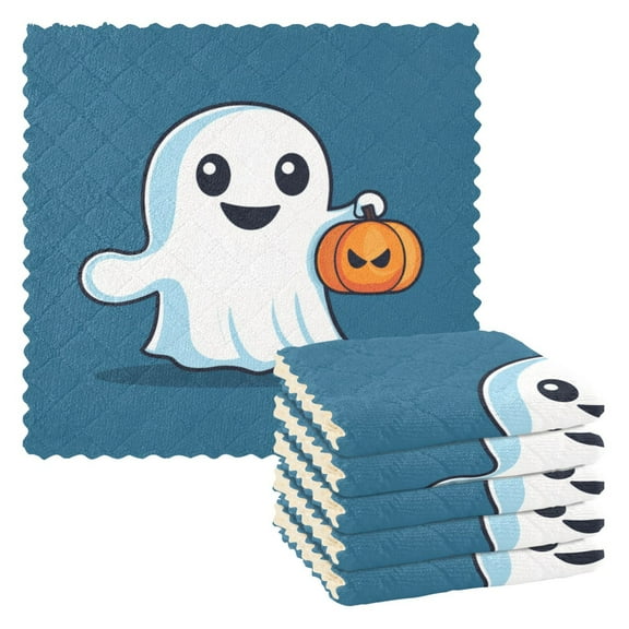 Solid Color Background Halloween Ghost 6 Pack Kitchen Cleaning Cloths 11'' x 11'', Super Absorbent, Soft Double Layer Plush for Dish and Surface Cleaning