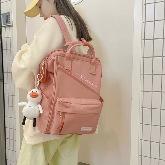 Solid Color Backpack Large Capacity Schoolbag,With Duck Pendant