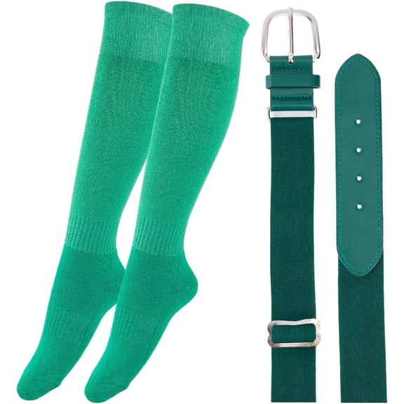 Solid Color Baseball Belt and Socks Combo Set Elastic Team Sport Knee High Socks Polyester PU Leather Adjustable Softball Waist Belt Waistband with Alloy Clasp for Youth Adult(Green)