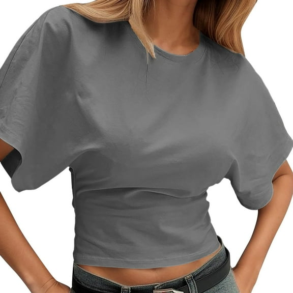 Solid Color Basic Round Neck Short Sleeve Loose Waist Irregular Design Pullover T Shirt For Women