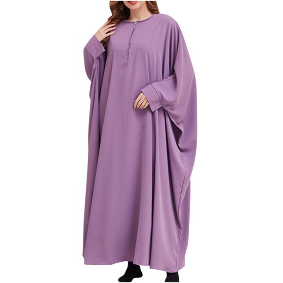 Solid Color Bat Sleeve Long Dress for Women Round Neck Ankle Length Dress Baggy Casual Maxi Dresses