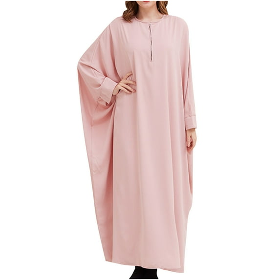 Solid Color Bat Sleeve Long Dress for Women Round Neck Ankle Length Dress Baggy Casual Maxi Dresses