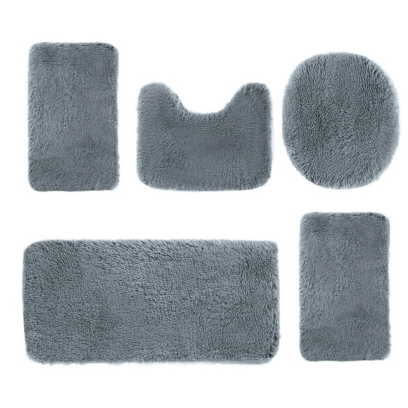 Solid Color Bath Mats 5 Set Bathroom Rugs for 5 Pcs Toilet Mats Universal Soft Longhair Water Absorption Non-Slip Thick Machine Washable Easy To Dry Dark Color