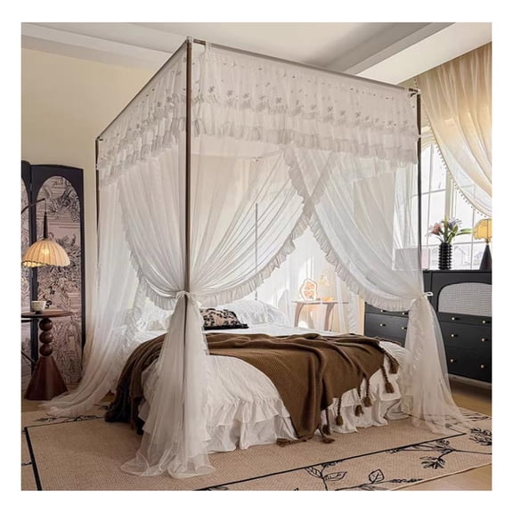 Solid Color Bed Canopy Curtain with Frame,3 Opening 4 Corners Post Mosquito Net for Bedroom, Dorm