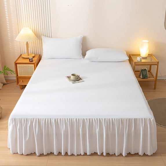 Solid Color Bed Skirt with Washed Cotton Lace Edge | Non-Slip Elastic Fitted Design | Protective Mattress Cover | 200X150Cm (78.74X59.06In) | Polyester-Cotton Blend