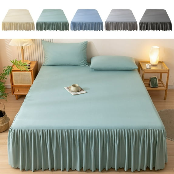 Solid Color Bed Skirt | Washed Cotton Polyester Blend | Ruffled Edge | Non-Slip Elastic Fit | Protective Mattress Cover | Dirtproof | 200x150cm | Multiple Colors