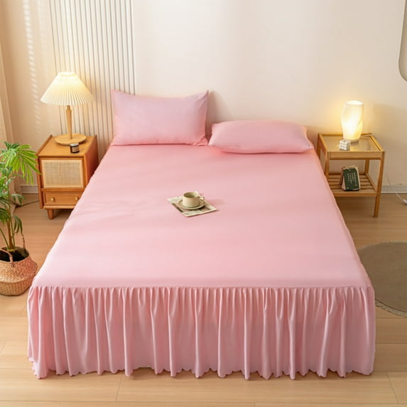 Solid Color Bed Skirt | Washed Cotton Polyester | Ruffled Edge | Non-Slip Protective Cover | Dirtproof Mattress Protector | Korean Style | 150x200cm | 1 Piece
