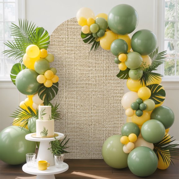 Solid Color Beige Arch Backdrop Cover, 4FT, Rustic Minimalist Woven Fabric Linen Texture Spandex Arch Covers Double-Sided Backdrop for Wedding Birthday Party Photo Background Decoration