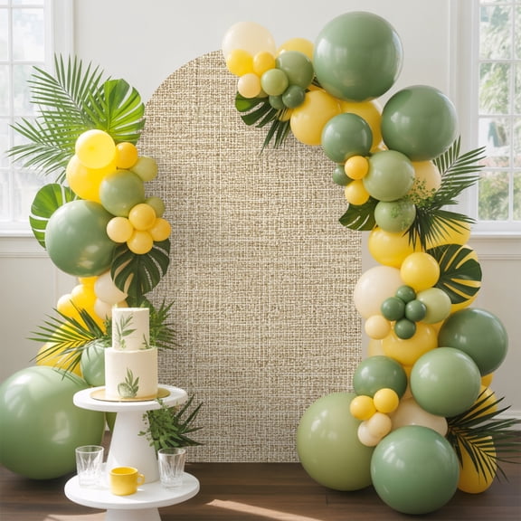 Solid Color Beige Arch Backdrop Cover, 6.6FT, Rustic Minimalist Woven Fabric Linen Texture Spandex Arch Covers Double-Sided Backdrop for Wedding Birthday Party Photo Background Decoration