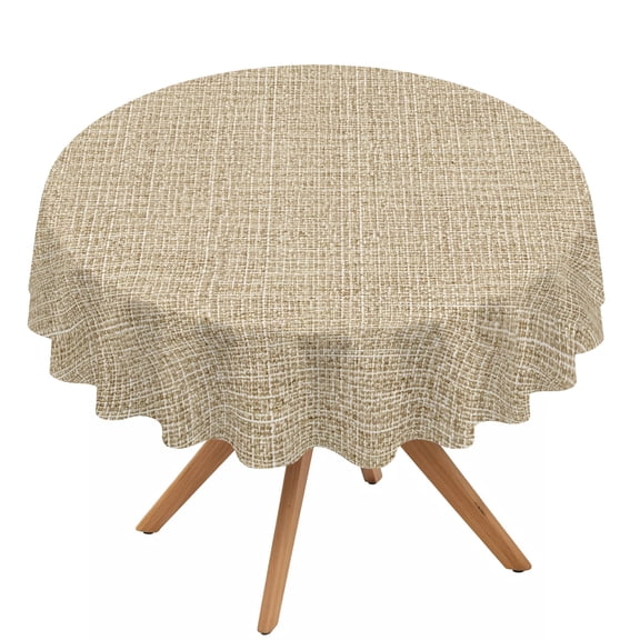 Solid Color Beige Round Tablecloth 54 inches Rustic Minimalist Woven Fabric Linen Texture Waterproof Oil-Proof Table Cloth Round Table Cover for Holiday Party Picnic Dinner Decor Indoor Outdoor Use