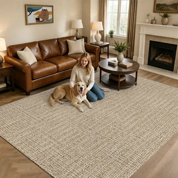 Solid Color Beige Washable Area Rug 9x12 Rustic Minimalist Woven Fabric Linen Texture Low-Profile Large Area Rugs Non Slip Indoor Floor Carpet for Entrance Living Room Bedroom Home Office