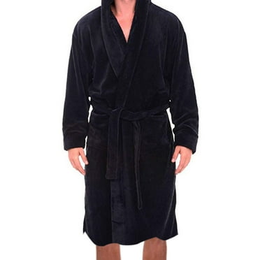 Solid Color Belt Flannel Bath Robe Hooded Pockets Warm Men Nightgown Home Clothes