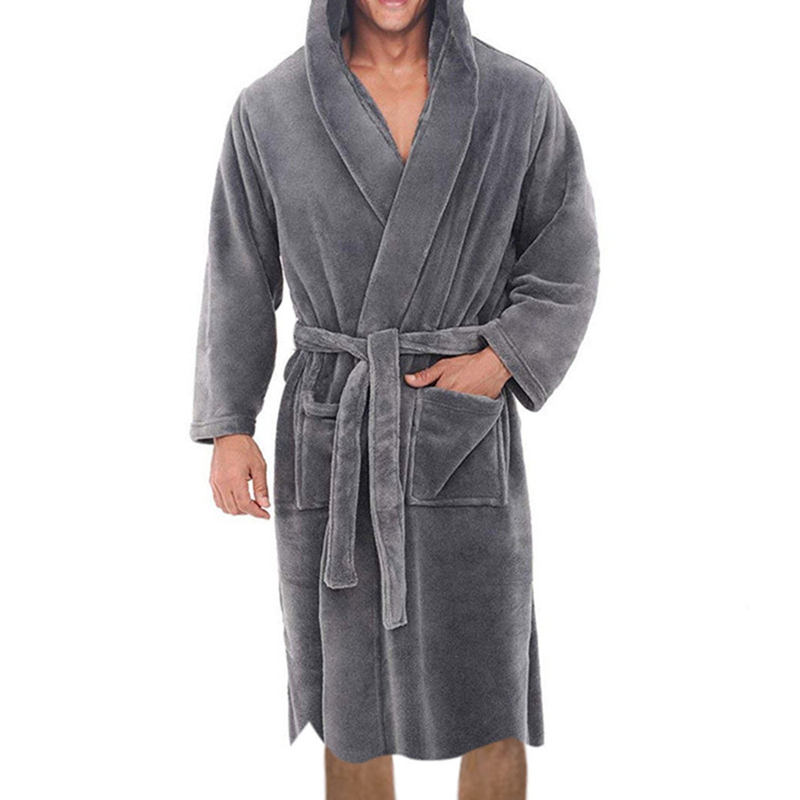 Solid Color Belt Flannel Bath Robe Hooded Pockets Warm Men Nightgown ...