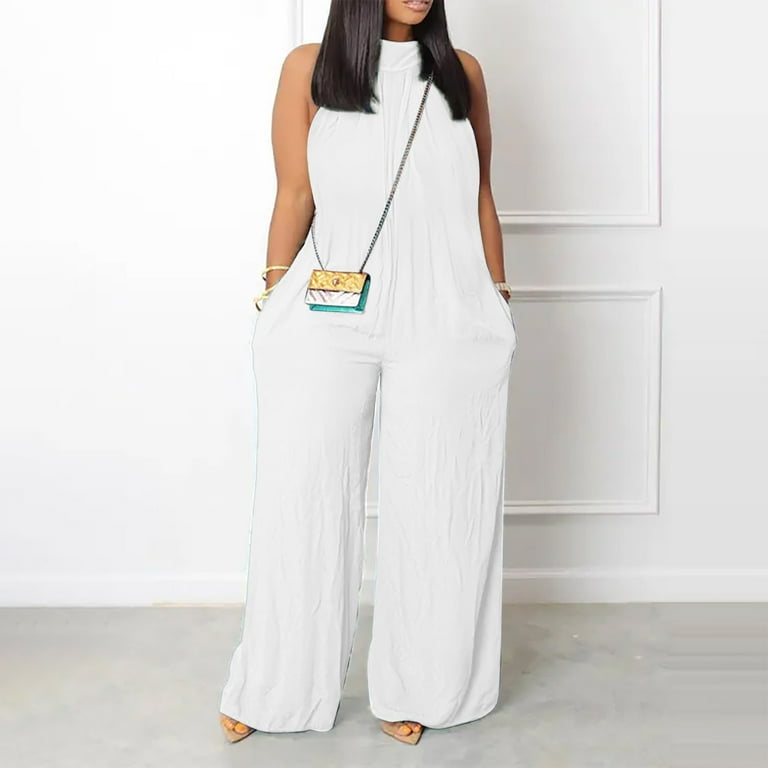 Solid Color Big Tall Jumpsuit Plus Size Plus Size Womens Casual Sleeveless Loose Solid Jumpsuits Baggy Stretchy Long Pant Romper Overalls With Pockets White Walmart