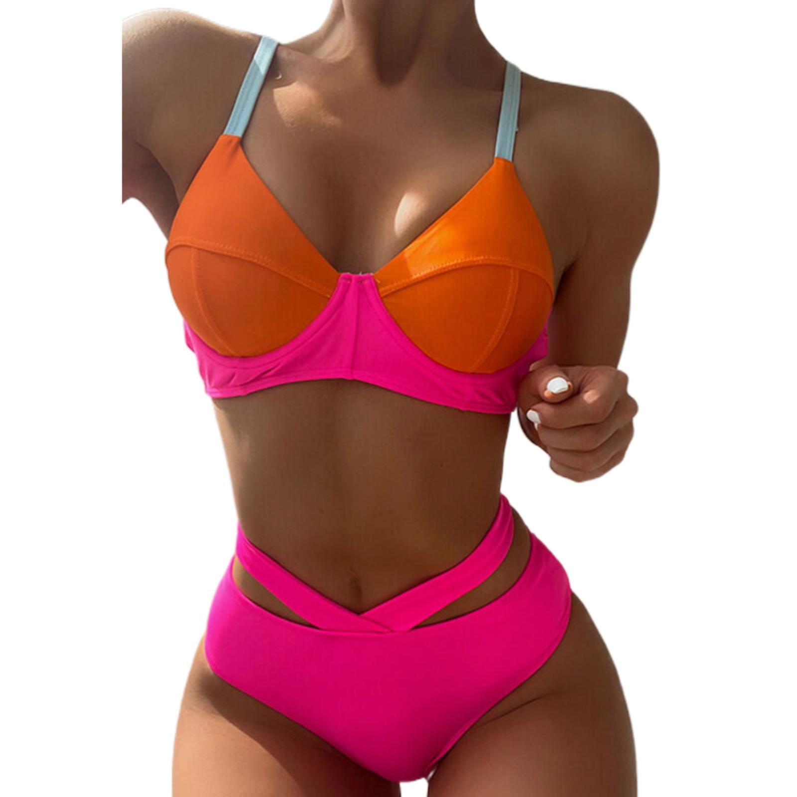 Solid Color Bikini Fashion High Elasticity Large Chest Gathered Backless  Swimsuit Set With Chest Pad High Waist Beach Swimwear