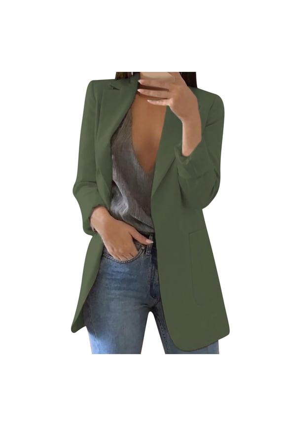 Solid Color Blazer Jacket for Women Casual Long Sleeve Open Front Suit Jackets Work Office Outfits with Pockets Olive Green 2XL