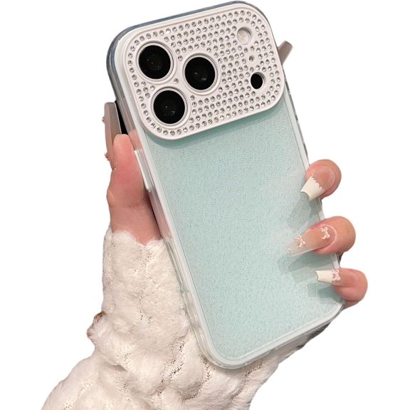 Solid Color Bling Glitter Diamond Camera Protect Phone Case for iPhone (Green,iPhone 16 Pro Max)