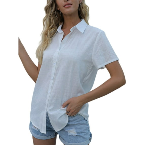 Solid Color Blouse for Women Short Sleeve V-neck Tunic Shirt Elegant Buttons Up Summer Blouse Top