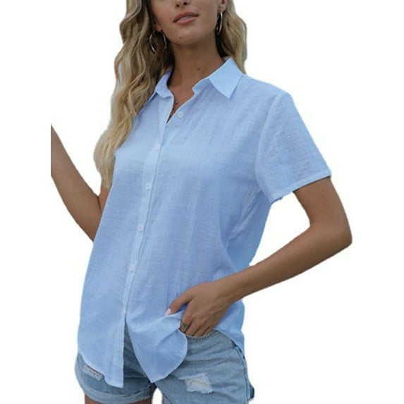 Solid Color Blouse for Women Short Sleeve V-neck Tunic Shirt Elegant Buttons Up Summer Blouse Top