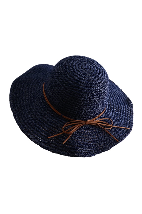 Solid Color Bow Sun Hat, Woven Wide Brim Cap, Beach Leisure Headwear, Women Fresh Breathable Adjustable Hat for Outdoor Vacation Travel Summer Sun Protection Fashion Casual Head Cap,Navy