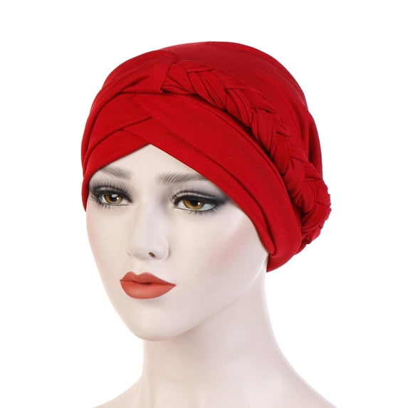 Solid Color Braided Turban, Knit Muslim Head Wrap Cap with Textured Design, Stretchy and Soft for Chemo, Sleep, and Cultural Attire-Red