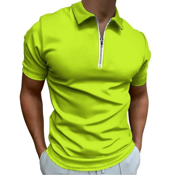 Solid Color Bright Green Men Zipper T-shirt Summer Casual Short Sleeve T-shirt Top