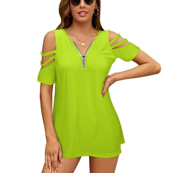 Solid Color Bright Green Womens Summer V Neck Zipper Top Short Sleeve T Shirt Off Shoulder Top Casual Classy Loose Shirts
