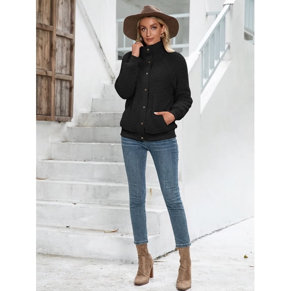 Solid Color Button Down Shearling Soft Teddy Jacket for Women