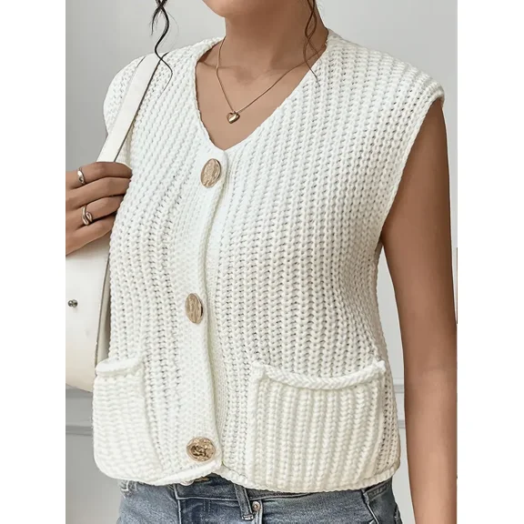 Solid Color Button Front Cardigan, Casual Crew Neck Vest For Spring & Summer, Women's Clothing