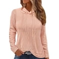 thumbnail image 1 of Solid Color Cable Knit Drop Shoulder Drawstring Hoodie for Women Pink Medium, 1 of 2