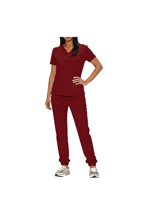 Solid Color Caregiver Uniform Set Women V Neck Short Sleeve Top Drawstring Pants With Pockets Loose for Medical Daily Shifts Wine XXL