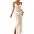 thumbnail image 1 of Solid Color Casual Dress for Women Lighweight Side Slit Dresses Crochet Knit V Neck Cami Dress Maxi Beach Cover Up Dress Summer Vacation Oufits Beige Free Size, 1 of 5