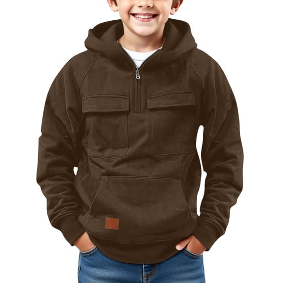 Solid Color Casual Long Sleeve Pullover, Fall Winter Warm Hoodie Kids Half-Zip Sweatshirt Solid Color Kids Hoodie Fall Winter Kids Hooded Top Kids Casual Long Sleeve Top, Brown 140