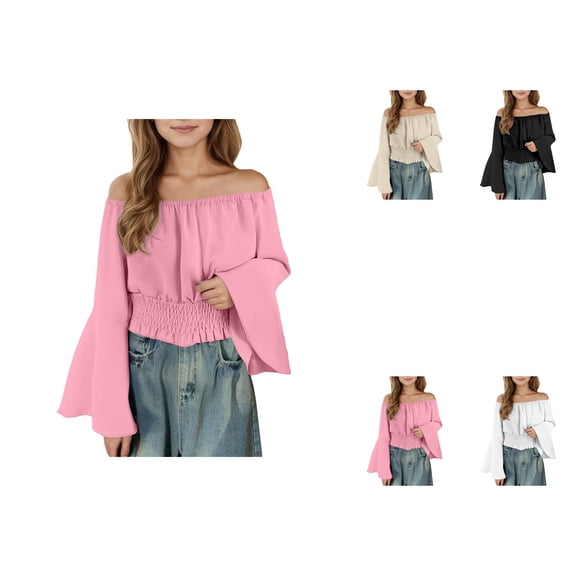 Solid Color Casual One Shoulder Crop Top for Girls, Vintage Court Style Off-the-Shoulder Flared Sleeve Tunic Blouse, Tween Renaissance Elegant Summer Top