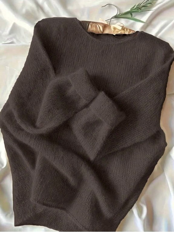 Solid Color Casual Pullover Sweater Brown Fall
