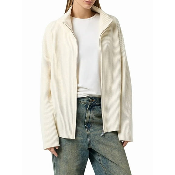 Solid Color Casual Simple Stand Collar Zipper High Collar Classic Lazy Style Women'S Knitted Jacket White One size
