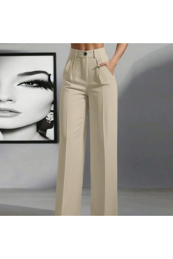 Solid Color Casual Women's High Waisted Pleated Loose Trousers, Work Pants Dress Pants, Office Chic Trousers,Khaki,M