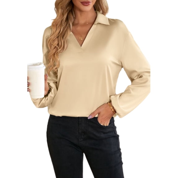 Solid Color Collared V Neck Cutout Twist Back Blouse for Women Beige Medium