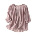 thumbnail image 1 of Solid Color Cotton Linen Blouse for Women V-Neck 3/4 Sleeves Vintage Tops Loose Embroidery Casual Shirts, 1 of 7