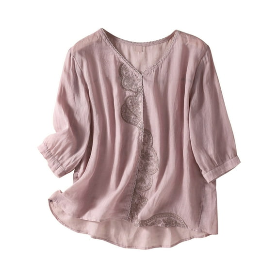 Solid Color Cotton Linen Blouse for Women V-Neck 3/4 Sleeves Vintage Tops Loose Embroidery Casual Shirts