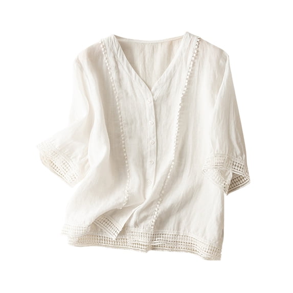 Solid Color Cotton Linen Blouse for Women V-Neck 3/4 Sleeves Vintage Tops Loose Embroidery Casual Shirts