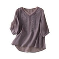 thumbnail image 1 of Solid Color Cotton Linen Blouse for Women V-Neck 3/4 Sleeves Vintage Tops Loose Embroidery Casual Shirts, 1 of 5