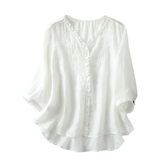 Solid Color Cotton Linen Blouse for Women V-Neck 3/4 Sleeves Vintage Tops Loose Embroidery Casual Shirts