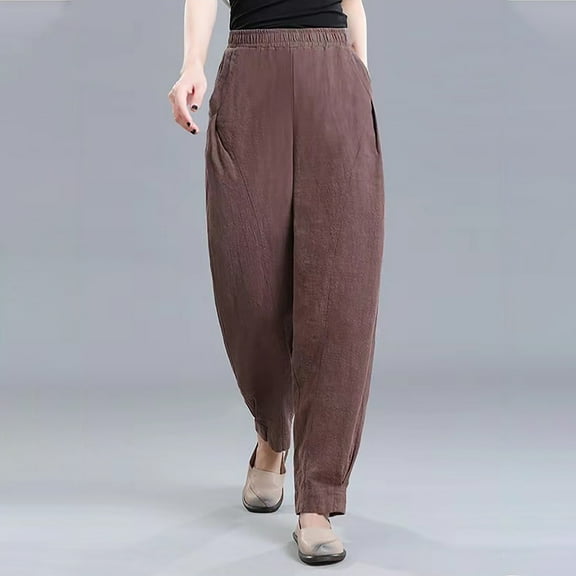 Solid Color Cotton Linen Pants for Women Elastic Waist Pleated Harem Pant with Pockets Winter Loose Lounge Tapered Capri Trousers