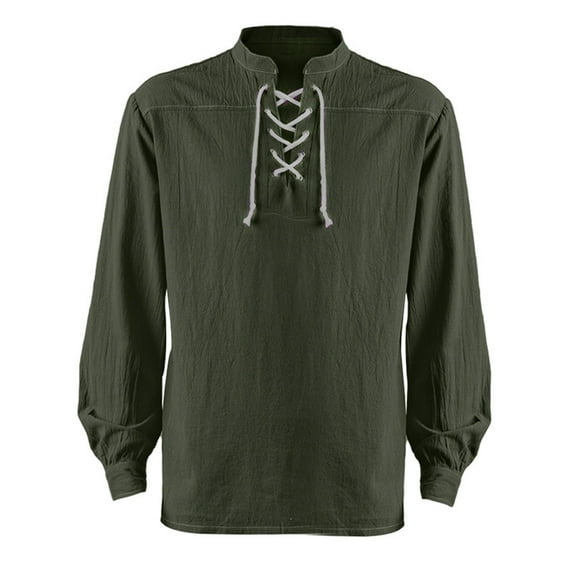 Solid Color Cotton Linen Shirts for Men Long Sleeve Blouse Tops Tie Stand Collar Vintage Pullover