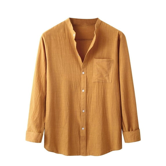 Solid Color Cotton Linen Shirts for Men Long Sleeve Button Down Blouse with Pockets Stand Collar Casual Loose-Fit Tops