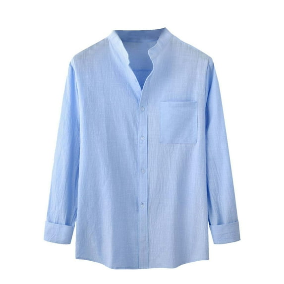Deals Solid Color Cotton Linen Shirts for Men Long Sleeve Button Down Blouse with Pockets Stand Collar Casual Loose-Fit Tops