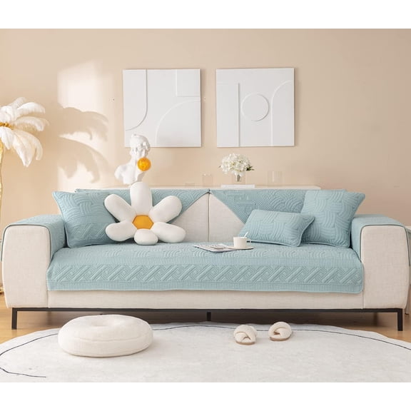 Solid Color Cotton Quilted Sofa Couch Cover Weave Pattern Soft Sectional Couch Covers Embroidery Non-Slip Sofa Slipcover for Dogs, Children, Pets Furniture Protector (Blue,43"x82")