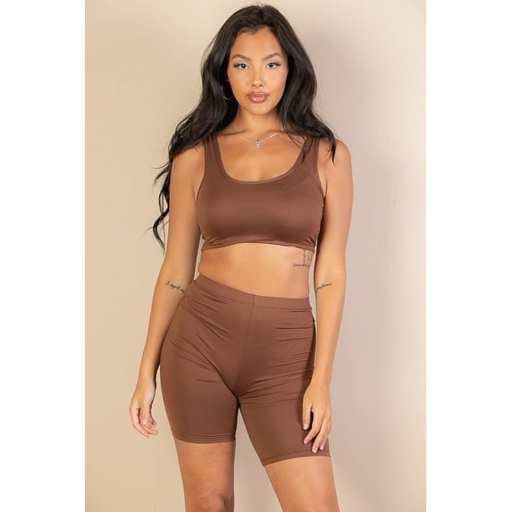 Solid Color Crop Tank Top and Biker Shorts Workout Set