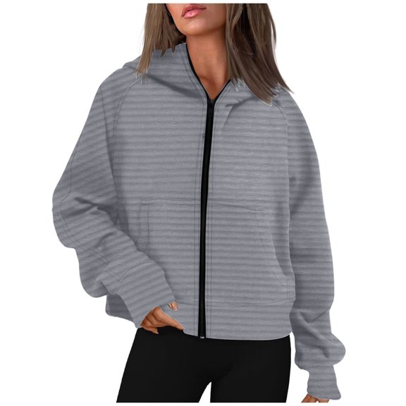 Solid Color Cropped Hoodies for Women Oversize Fit Autumn Sweatshirt Zipped Closure Zip-up Hoodie Streetwear with Pockets Gym Workout Athleisure Casual Essentials